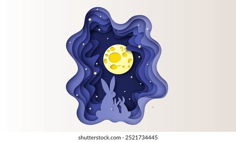 Rabbit family on Full Moon night. Mid-Autumn Festival. paper cut and craft style. vector, illustration.
