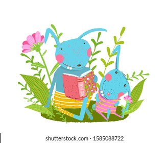 Rabbit family reading a book in the forest, parent and baby rabbit. Cute animal mom or dad teaching offspring to read. Library and kids baby education cartoon illustration.