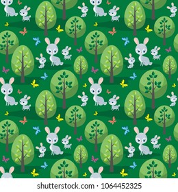 Rabbit family. Seamless pattern with cute animals and their cubs. Colorful vector background in cartoon style.