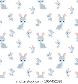 Rabbit family. Seamless pattern with cute animals and their cubs. Colorful vector background in cartoon style.