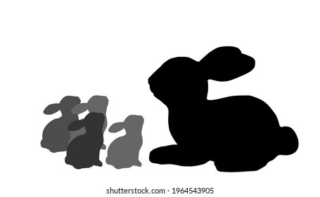 Rabbit Family Silhouette Vector Illustration Isolated On White Background. Rodent Animal Symbol. Easter Holiday Symbol. Rabbit Mother With Little Kids.