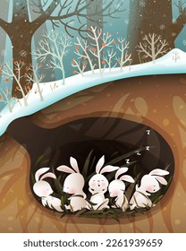 Rabbit family sleeping or hibernating in a den or burrow underground. Cute bunnies forest habitat illustration for children. Animals sleep in woods, cute wildlife graphics. Vector drawing for kids.