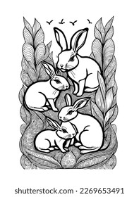 rabbit family together in a flowery nest. Art design for print, cover, wall art. Vector illustration.