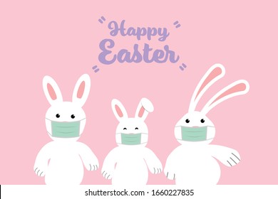 Rabbit family wear hygienic mask on pink background with word Happy Easter 