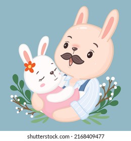 Rabbit father with baby on blue blackground.