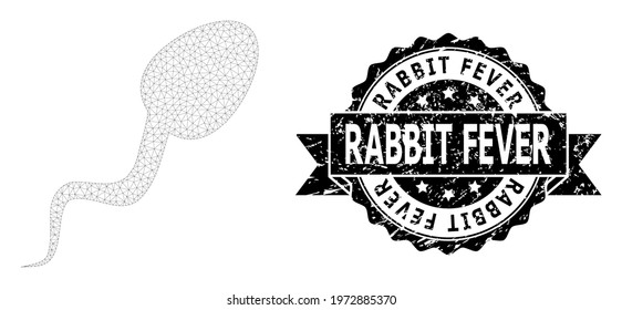 Rabbit Fever unclean seal and vector sperm cell mesh structure. Black seal includes Rabbit Fever tag inside ribbon and rosette. Abstract flat mesh sperm cell, created from flat mesh.