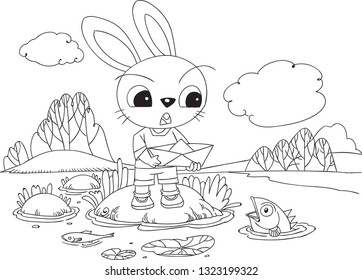 The rabbit and the fish in the river.Hand drawn vector illustration.For animals coloring,preschool coloring,pattern,background, cartoon animals coloring,cartoon character design,decoration,clip arts.