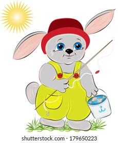 Rabbit fisherman with a bucket in which fish