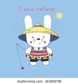 Pescador de coelho / coelho / coelho branco / ilustração desenhada à mão vetor / design de camisa do bebê e criança