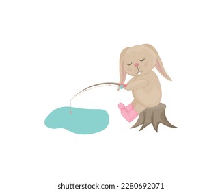 Rabbit with a fishing rod . Cute rabbit in cartoon style. A hare fisherman with a fishing rod sits on a stump. The hare is fishing. Children s illustration. Vector