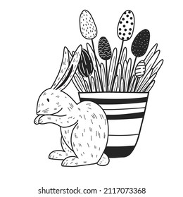 Kaninchen in schwarz-weißer Linie. Blume in einem Topf im Doodle-Stil. Dekor für Ostern. Ostereier in schwarz-weißer Linie.
