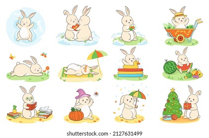 Rabbit flat cartoon animal easter or xmas set. Bunny or cute hare lies on beach, gives gift, reads book, eats watermelon, holds umbrella, halloween wizard, bathes, gift box. Pet vector illustration