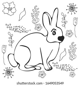 Rabbit flat hand drawn illustration. Cute cartoon animal character on botanical background. Wild animal vector poster 