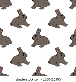 Rabbit flat hand drawn seamless pattern. Cute cartoon animal character on background. Wild animal vector seamless pattern