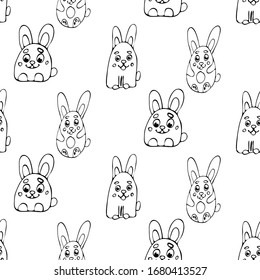 Kaninchen flach handgezeichnet nahtlos Muster. Cute Cartoon Tiercharakter auf Hintergrund. Vektorillustration von Wildtieren
