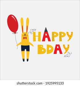 rabbit flat illustration with happy Birthday typography