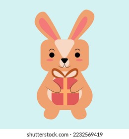 Rabbit in flat style with a gift. New Year vector card. New Year 2023. Bunny in nude shades.