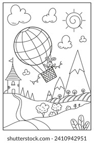 A rabbit flies on a hot air balloon. Below you can see mountains, fields, trees and a tower. Black and white vector illustration for coloring book.