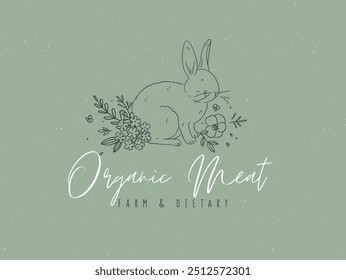 Rabbit with floral arrangement and inscription organic meat farm and dietary drawing on green background