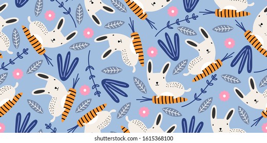 Rabbit and floral drawing seamless pattern. Cute childish repeated hand drawn in cartoon style. Bunny easter animal, carrots, and grass decoration design.