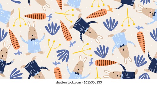 Rabbit and floral drawing seamless pattern. Cute childish repeated hand drawn in cartoon style. Bunny easter animal, carrots, and grass decoration design.