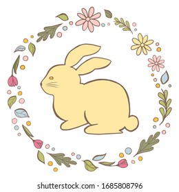 rabbit in a floral easter round frame. happy easter holiday