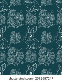 Rabbit and floral pattern A seamless repeat pattern featuring elegant line drawings of a charming rabbit surrounded by stylized floral motifs, creating a whimsical and decorative design.