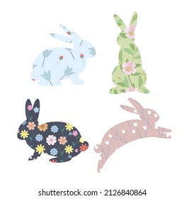 Rabbit with floral pattern. Set of four elements isolated on a white background.