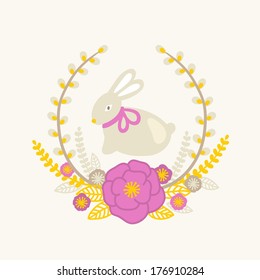 Rabbit in floral wreath. Easter greeting card