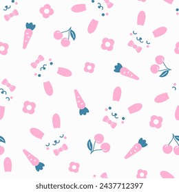 Kaninchen mit Blume und Karotte nahtlose Muster. Netter Hintergrund. Kinderdesign. Oberflächengestaltung.