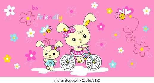 rabbit flower garden Cartoon cute background illustration vector silkscreen baby animal 