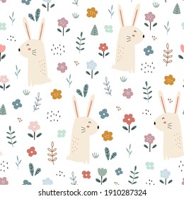 Rabbit with flower garden seamless pattern cute cartoon animal background Hand drawn design in kid style, use for print, wallpaper, decoration, textile. Vector illustration