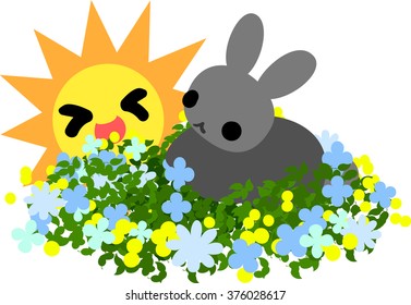 A rabbit and flower garden and the sun