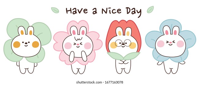 Rabbit flower head set. Animal with flower spring background. Have a nice day writing. Cute cartoon character design. Vector. Illustration