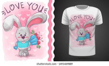 Rabbit with flower - idea for print t-shirt. Hand draw