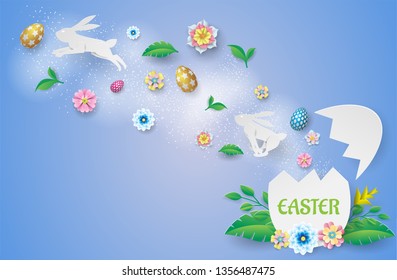 rabbit and flower jumping from white Easter on blue background.