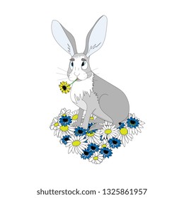 Rabbit with a flower in its mouth sitting on a heart-shaped field of flowers.