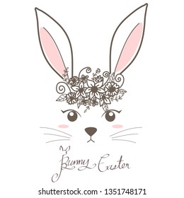 rabbit with flower on heart vector, bunny easter doodle design on white background