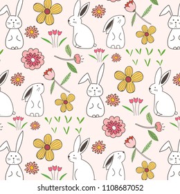 Rabbit And Flower Pattern Background. Vector Illustration.