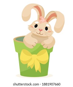 Rabbit in a flower pot. Cute cartoon hare. Vector.
