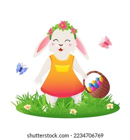 rabbit with a flower wreath on his head and a basket with eggs for Easter. Vector illustration