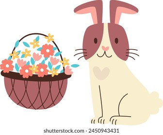 Rabbit With Flowers Basket Vector Illustration