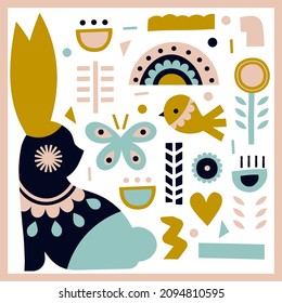 Rabbit with flowers in boho style. Decorative vector card. Folk Nordic design