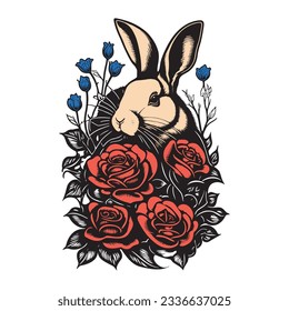 Conejo en flores. Ilustración vectorial negrita de trazo negro sobre fondo blanco. Diseño moderno para cartas y libros.