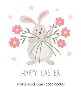 Rabbit with flowers. Easter card. Flat style. Vector illustration.