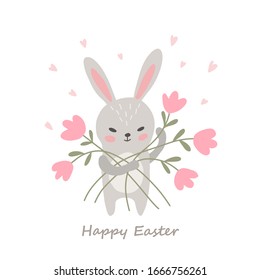 Rabbit with flowers. Easter card. Flat style. Vector illustration.