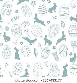 Rabbit flowers of eggs Seamless pattern mint color on a white background. Easter hare and holiday food. Fabric, wrapping paper. Vector illustration