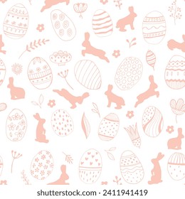 Rabbit flowers of eggs Seamless pattern mint color on a white background. Easter hare and holiday food. Fabric, wrapping paper. Vector illustration