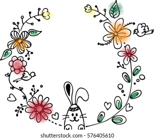 Rabbit with flowers hand drawn black on white background. 