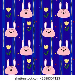 Rabbit, flowers on blue background, fabric pattern, gift wrapping paper , seamless pattern 
